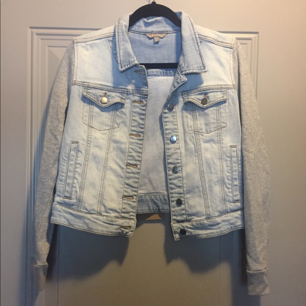 Rubbish denim jacket with grey sweatshirt sleeves